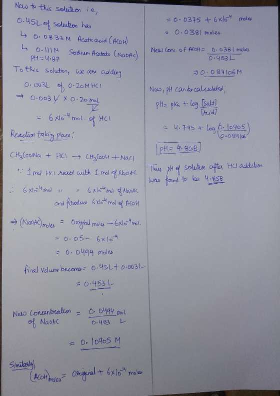 moles = 0.0375 +68/6 0.0381 moles. New Conc. of ACOH = 0.0381 moles 0.453L Now to this solution i.e, 0.45L of solection has