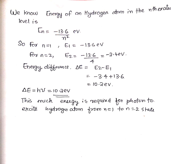 f of an Hydrogen atom in the nth excitea We know Energy of an Hydrogen cdom level is En = -13,ev. So for n=k , Els -13.6 eV F