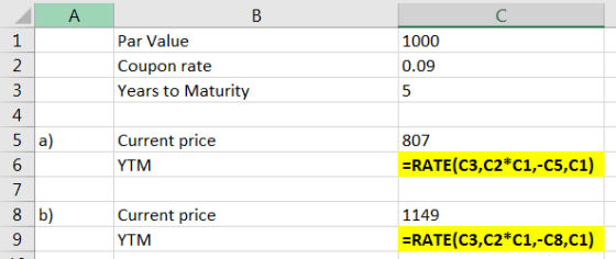 А Hm B Par Value Coupon rate Years to Maturity 1000 0.09 a) Current price YTM 807 =RATE(C3, C2*C1,-C5,C1) 5 6 7 8 9 b) Curren