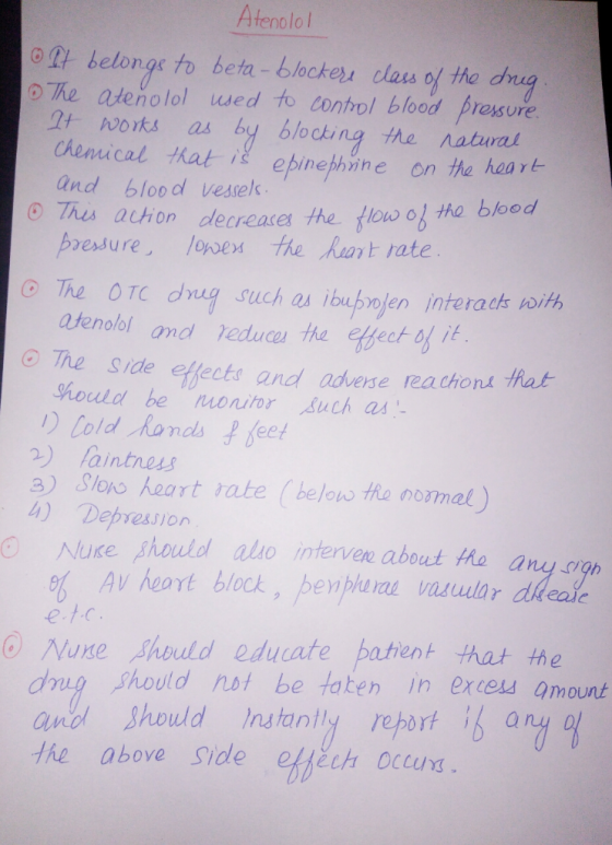 Atenolol belongs to beta -blockes clas of the dg o The atenolol wed to contol blood presure woks as by blocting the natural C