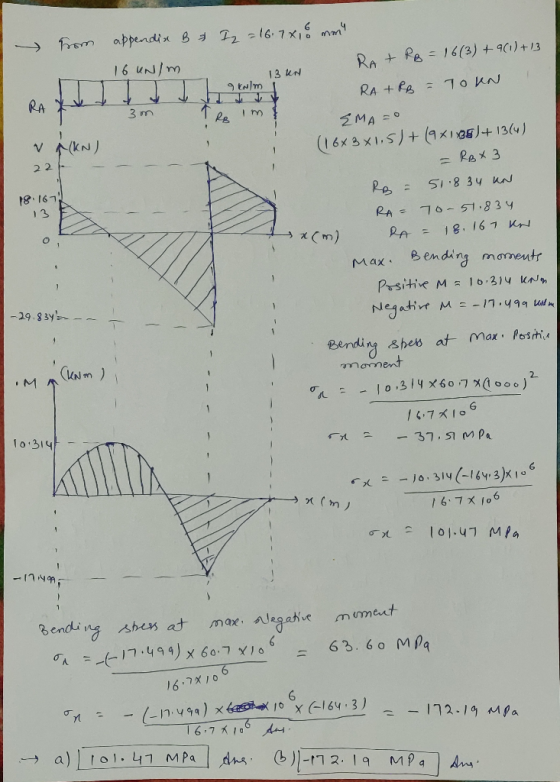 RA + R₂ = 16(3) +9(1)+13 from appendix B & 72 = 16.7x18 mm 16 UN/m 13 UN RA 1 0 + 9 - RA + RB = TO UN + 1 3 Tre im EMA=0 V KN