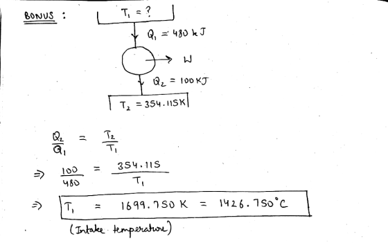 BONUS T, = ? 480 kJ Q2 = 100 KJ T2 = 354.115* stes Tz Ti 100 354.115 Ti 480 1426.750°c T, 1699.950 K (Intake temperature)