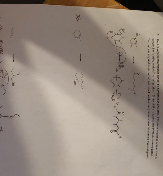 1. The following transformations cannot be performed in one step. Provide a sequence of reactions to convert the starting ma