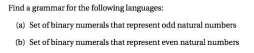 Find a grammar for the following languages: (a) Set of binary numerals that represent odd natural numbers (b) Set of binary numerals that represent even natural numbers