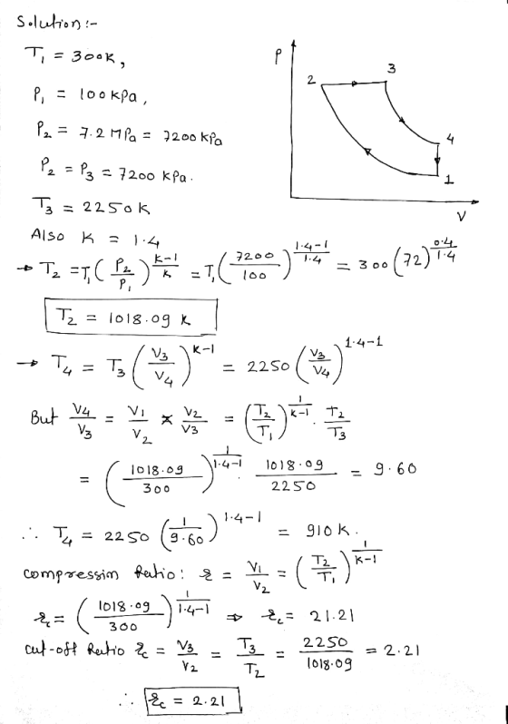 Solution - Ti = 300k, P = 100 kpa, = 7.2M Pa = 7200 kPa Pe = Pz = 7200 kPa. T3 = 2250k Also K = 1.4 + T. = ( ) ET (200)*= 300