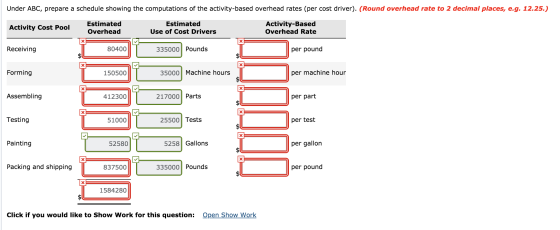 Under ABC, prepare a schedule showing the computations of the activity-based overhead rates (per cost driver). (Round overhea