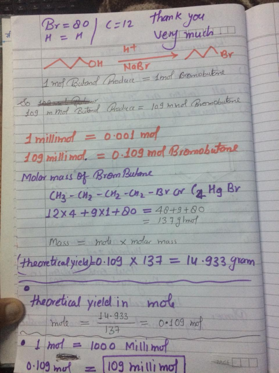 & Br=80) C=12 thank you ver much ID मन MaBr Br On 1 mol Butanol Produce = 1 mol Bromebutine Butanol Produce = 209 mmol 109 mn