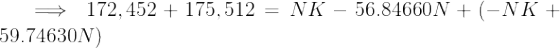 \large \implies 172,452 + 175,512= NK -56.84660N+(-NK + 59.74630N)