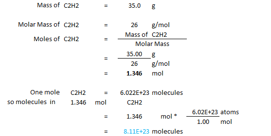 Mass of C2H2 35.0 8 Molar Mass of C2H2 Moles of C2H2 26 g/mol Mass of C2H2 Molar Mass 35.00 g 26 g/mol 1.346 mol One mole so