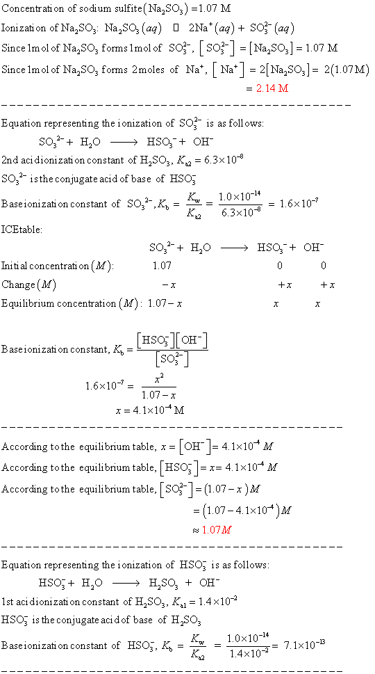 Concentration of sodium sulfite (Na2SO3)-1.07 M Ionizati on of Na,SO, Na SO, (aą) O 2Na (a) SO3 (aa) Since Imol of Na,SO, for