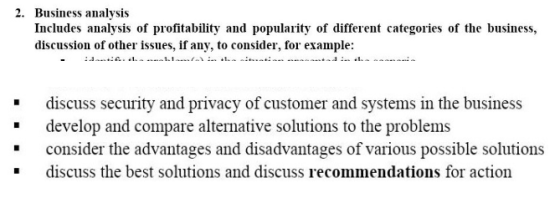 2. Business analysis Includes analysis of profitability and popularity of different categories of the business, discussion of