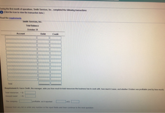 During the first month of operations, Smith Services, Inc., completed the following transactions i (Click the icon to view th