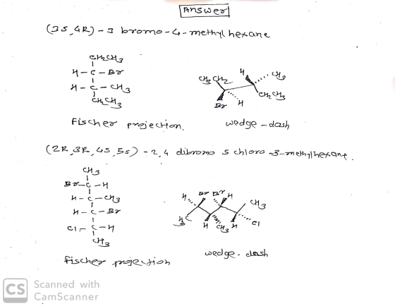 Answer (35_GR)-3 bromo-4-methyl hexane chholz 4-6- Y 4-¢-cha - emcha anchez H Fischer projection, wedge - dash Mau 1. BY BT