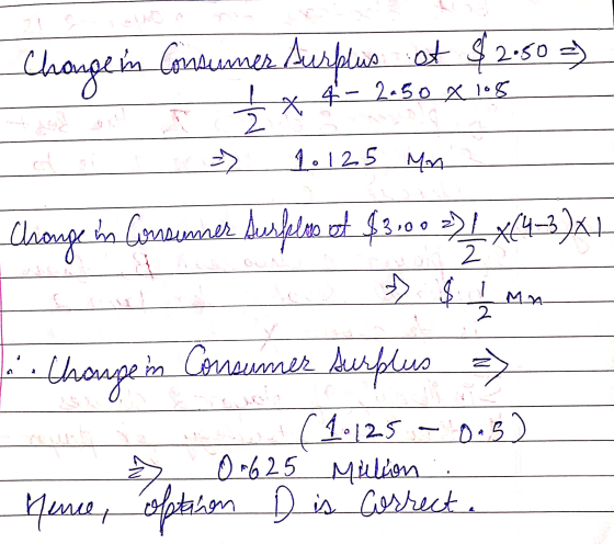 Change in Consumer Surplus at $2.50 =) i * 4- 250 15 od at 1.125 MM Csonge bis Consumer Aspelo od $3100 334 *43)*1 to. Isanpe