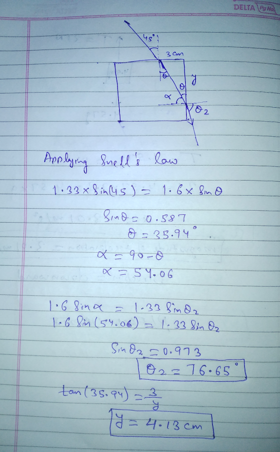 DELTA PO NO Чs, 3 can о B2. Applying Snells low 1. 33x g is (Чs ) - 1.6x 8, 9 g, В. О. S. 7 8 - 29.99 a = 90 – 9 х = 5 Ч. о