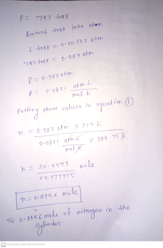 P= my 47 forr Convert torr into atom 0.00132 atm I toor 947 torr = 0.983 atm P=0.gazatm atm L 0.0821 R= molk Putting aboue va