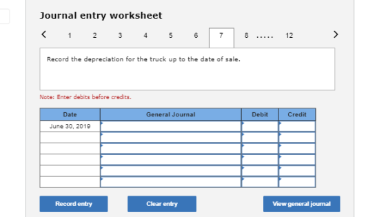 Journal entry worksheet < 1 2 2 3 4 5 6 7 8 12 > Record the depreciation for the truck up to the date of sale. Note: Enter de