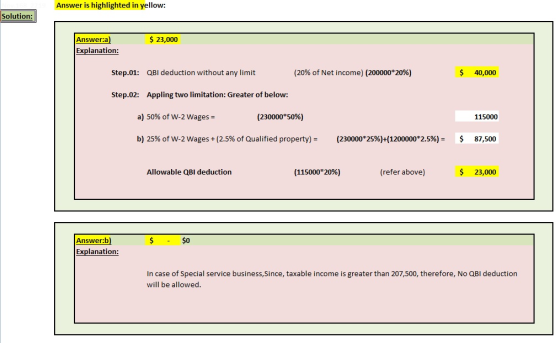Answer is highlighted in yellow: Solution: $ 23,000 Answer:a) Explanation: Step.01: QBI deduction without any limit (20% of N