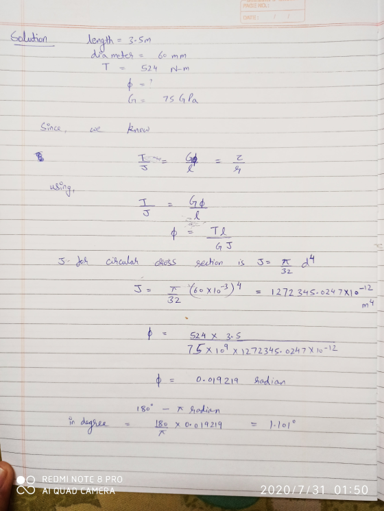 PAGE NO. Solution 60 mm = 3.5m dia meter T 524 $ = ? G Nm 75 Gla since, know In God N/ using, ㅜ J GO -l p Te GJ J. Joh circul