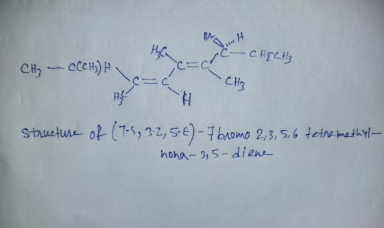 BA CHECHS CHcce)H CH3 H Structure of (7-,3-2,5)-7baomo 2,3, 5,6 tetro methyl hoha- ,5-diens
