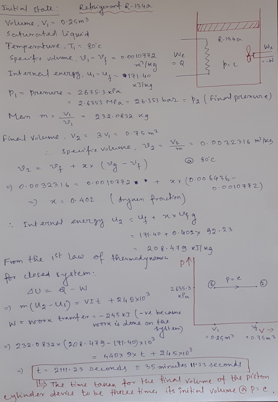 Initial state: Refrigerant R-134a Volume, V = 0.25m3 saturated liquid Temperature, Ti = 80 c R-134 a Ws Specific volume, &,=