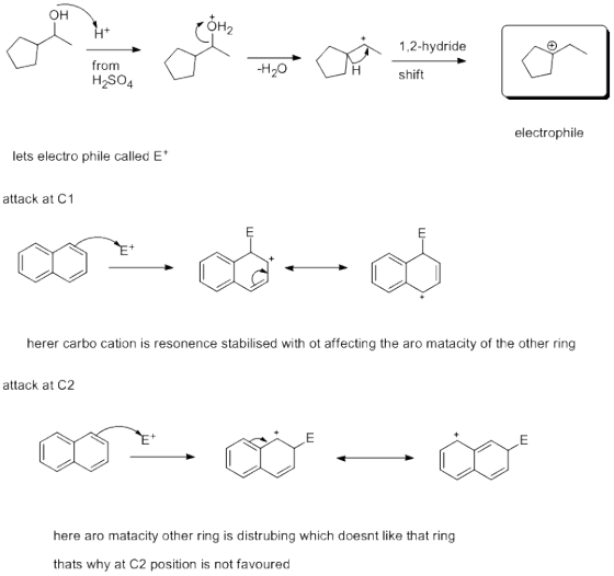 он OH2 1,2-hydride from H2S04 H20 shift electrophile ets electro phile called E* attack at C1 herer carbo cation is resonence