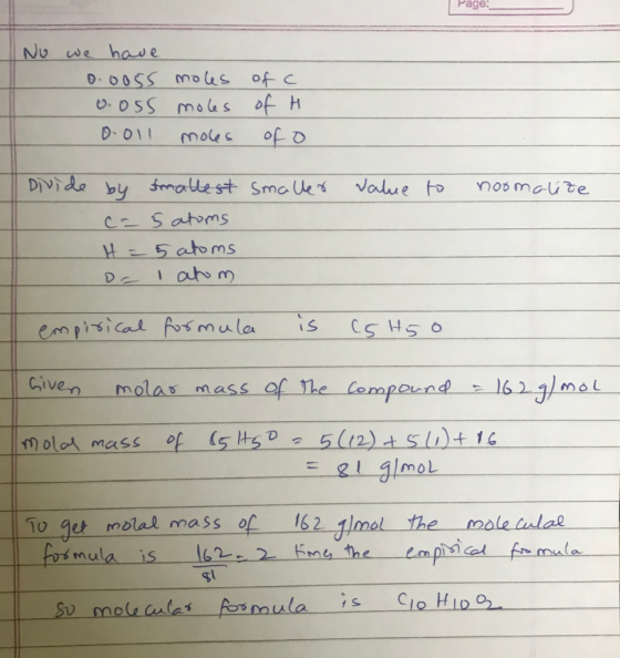 Page: No we have D00SS Mous of c &os5 mols of H D011 ofo mols Divide by fmallest Sma Ue Value to nos maite Cz Satoms HE5atoms