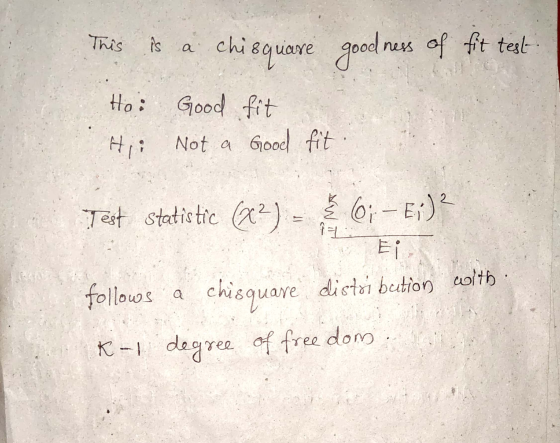 This is a chisquare goodness of fit test Ho: Hii Good fit Not a Goodl fit. Test statistic (83) - 6; – E1) Ei follows a chisqu