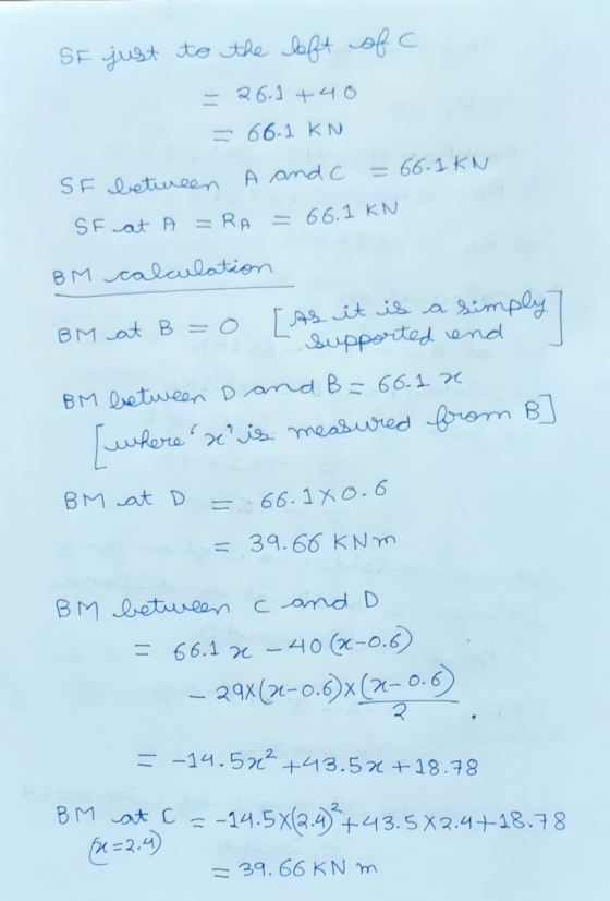 S at A =RA - 66.1 KN SF just to the left ofc - 26.1 +40 = 66.1 KN A and C SF between = 66.1 KN BM calculation BM at B=0 [As i