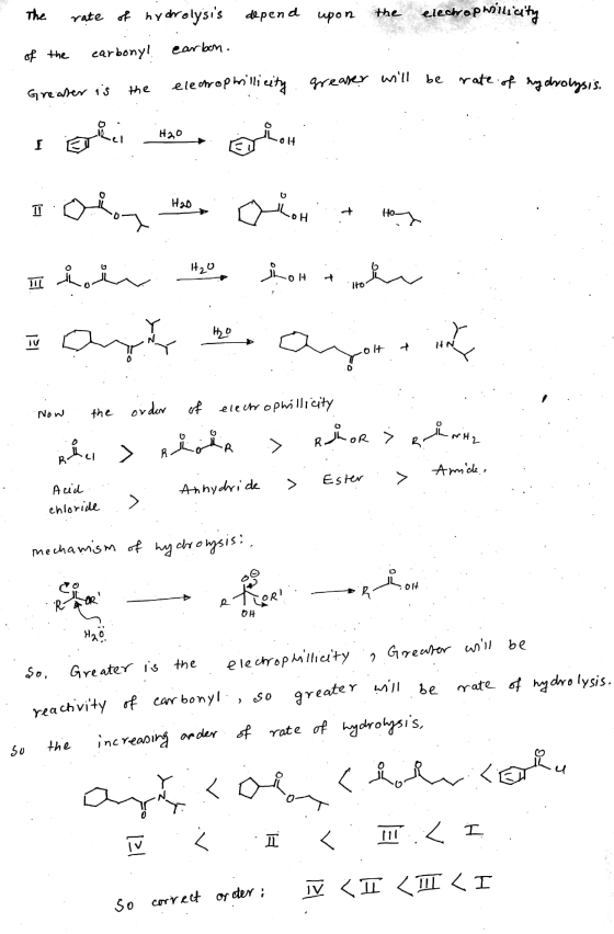 greater will be The rate of hydrolysis depend depend upon the electrophiliaty of the carbony! earbon. elecrophillicity greasy