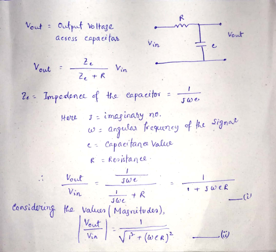 Vout - Output voltage aeross capacitar Vout Vout - yout 2 Vin - Ze + R re- Imperdence of the capacitor = swe Here j = imagina