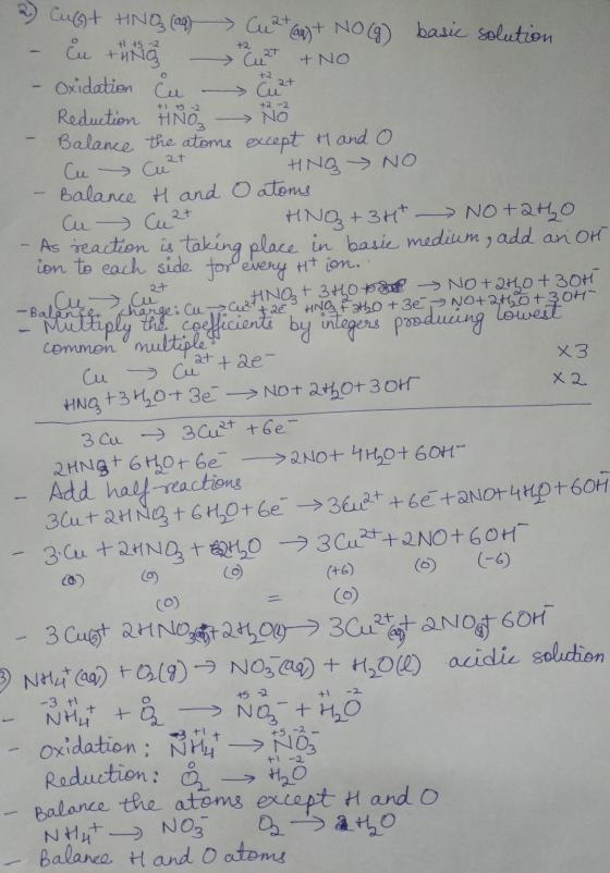 at 2) Cupt HNO (a) Cu2tag) + NO(g) basic solution - Eu ting Cut +No - Oxidation Cu - Cat Reduction #ño No Balance the atoms e