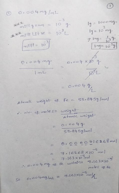 O.004m3/ mliram coemg millt Lite 1-10 mg 7 Img ** millflo e.04m weight ep Fe 55.84.53/mal Atomic No op mole s weight Atomic w
