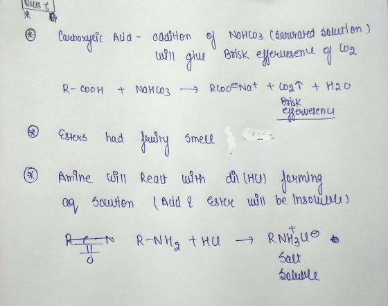 Caveboxylic Acid - addition of NOHCD3 (Serweared solution ) will give Boisk effervesence of loa R-COOH + NaHCO3 RooNa+ + Log?