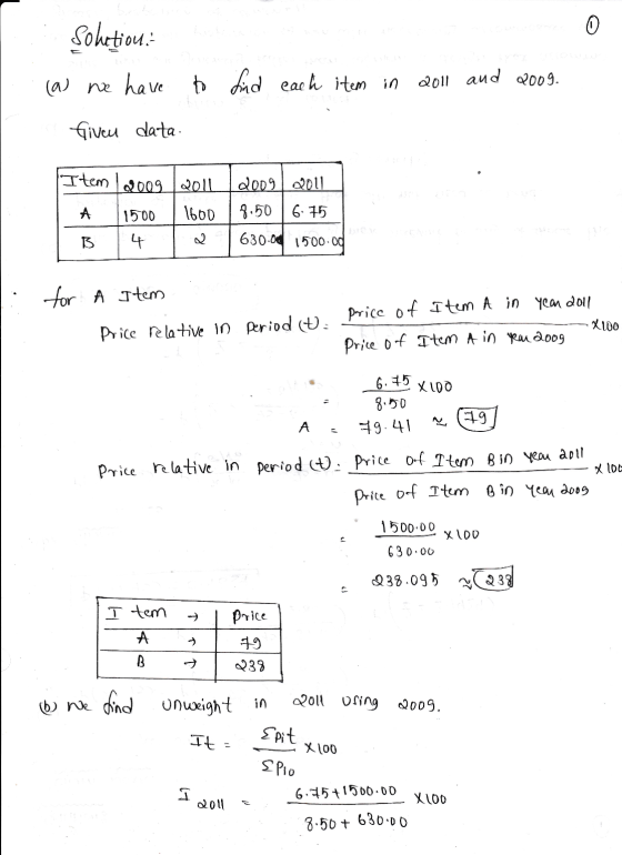 0 Sokation: (a) we have to find each item in 2011 and 2009. fiven data Item 2009 2011 A 1500 1600 B 4 2009/2011 8.50 6.75 630
