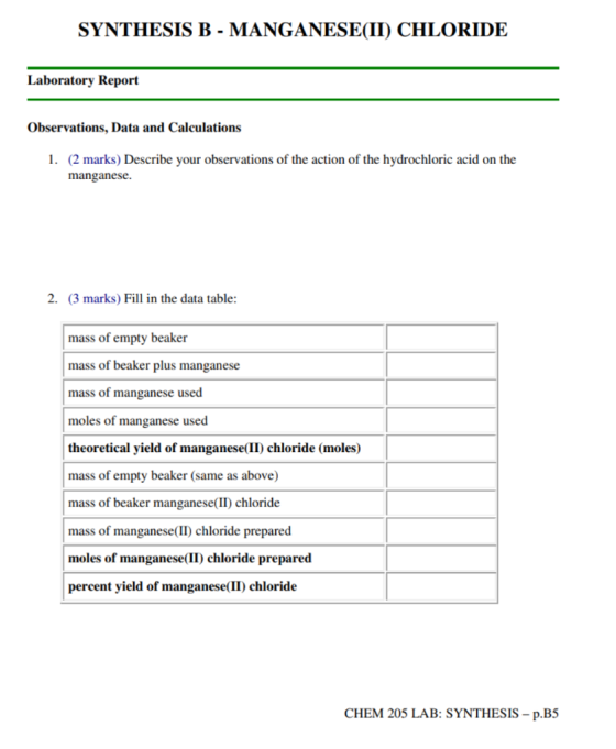 SYNTHESIS B - MANGANESE(II) CHLORIDE Laboratory Report Observations, Data and Calculations 1. (2 marks) Describe your observa