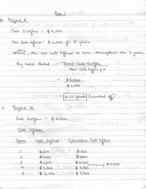 a. Page 1 cson Project A 1.200 002,2 lo wollen Cash Outflow = $5,500 Ner Cash inflows - $ 27600 for 5 years. where, the ner c