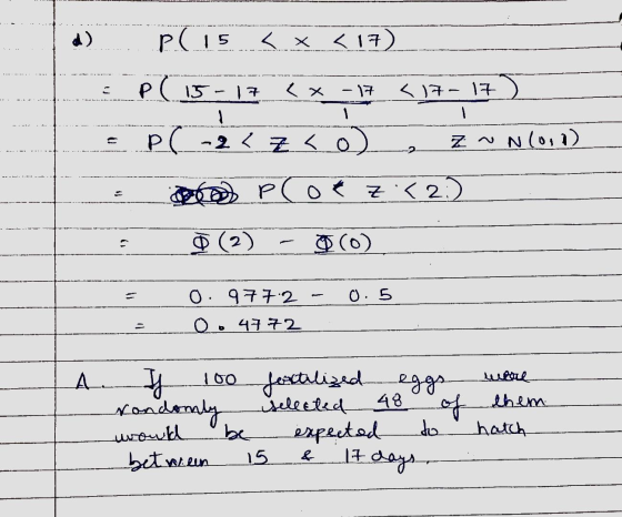 a) p(15 < x < X <17) P ( 15-17 -17 <17-17) 1 1 PC-2<zco Z ~ N(0,0) 00 Potz <2:) 0 (2) () 0.5 . 9772 - O.4772 J A. 100 fertili
