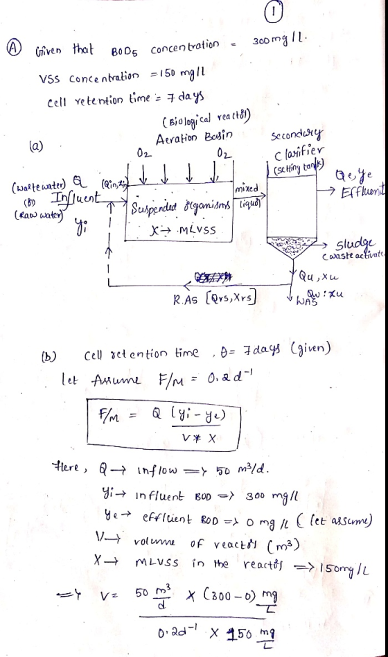 Given that BODG concentration - 300 mg ili VSS concentration - cell retention time = 7 days (Biological react81) (a). - Aerat