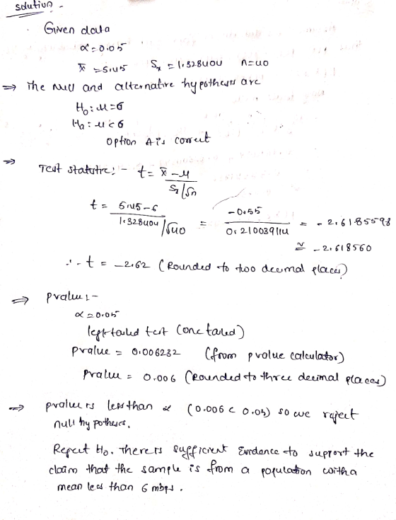 solution nuo Given data O 005 t =siu5 Sa 1,82800u > The mill and alternative hypothests are Hoi cho Hailco option is corrent