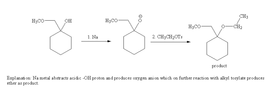 CH3 H3CO он H3CO O CH2 H3CO 1. Na 2. CH3CH2OTs product Explanati on: Na metal abstracts acidic -OH proton and produces oxygen