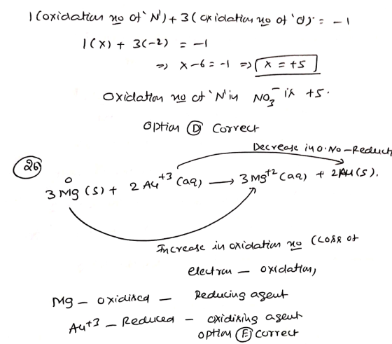 I loxidation no otN) + 3( Oxidatim uo of s -1 I(X) + 3(-2) = -1 7 x-6= -1 => x=+5) oxidation no ct Niu Noix +5. Option