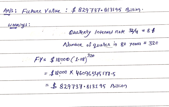 Ans; Future Value : $829737613195 Billing wonkings: a Quarterly Interest rate 32/4 = 88 Number of quater in 80 years = 320 F$