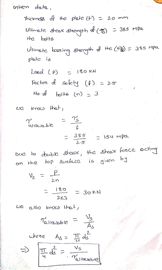 Given date, Thickness of the plete CH) - 20 mm Ultimate sheer staserath of (+5) - 385 mpa the bolts Ultimate beasing stsength
