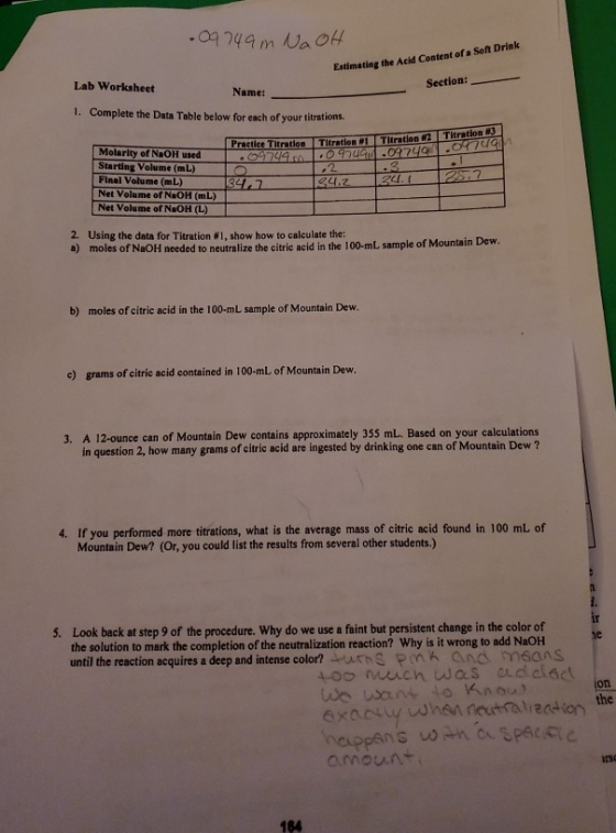 -09 244m Wao Estimating the Acid Content of a Soft Drink Lab Worksheet Section: Name: 1. Complete the Data Table below for ea