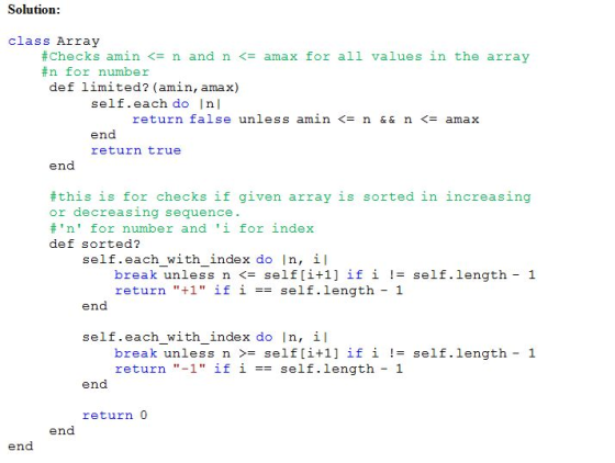Solution class Array #checks amin <-: n and n <-amax for all values in the array #n for number def limited? (amin, amax) self