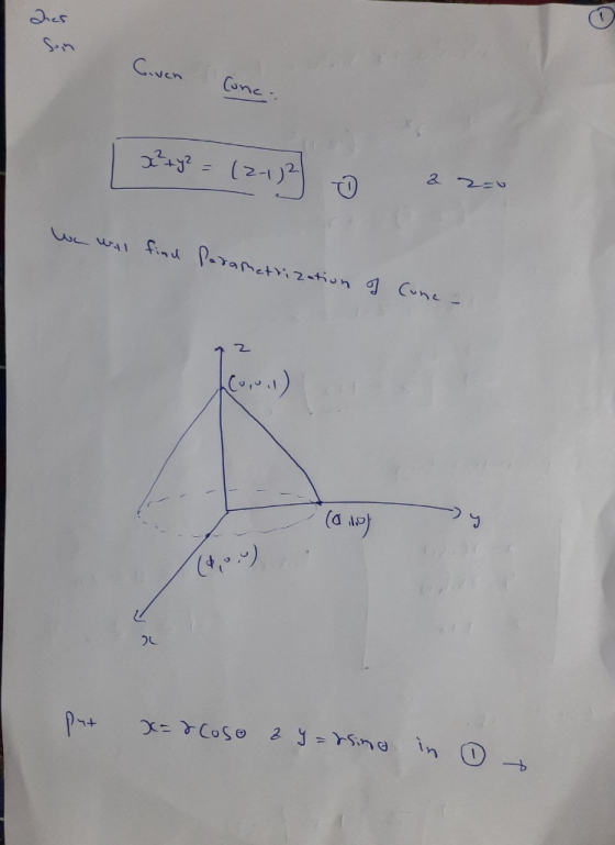 Ques son Given Conc. x² + y² = (2-1)2 2 2=0 We will find Parametrization of Cone- 2 (a) ។ (,*-) 20 x=&Coso z y = ring in ①