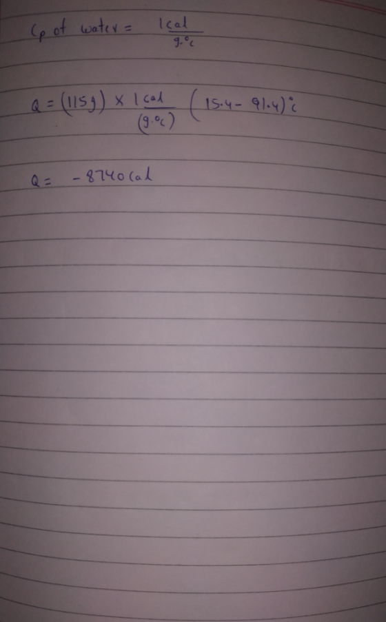 (p of water = Ical 9. °C 2 = (1153) XLC (15.4- 21.4) Q = -8740 cal