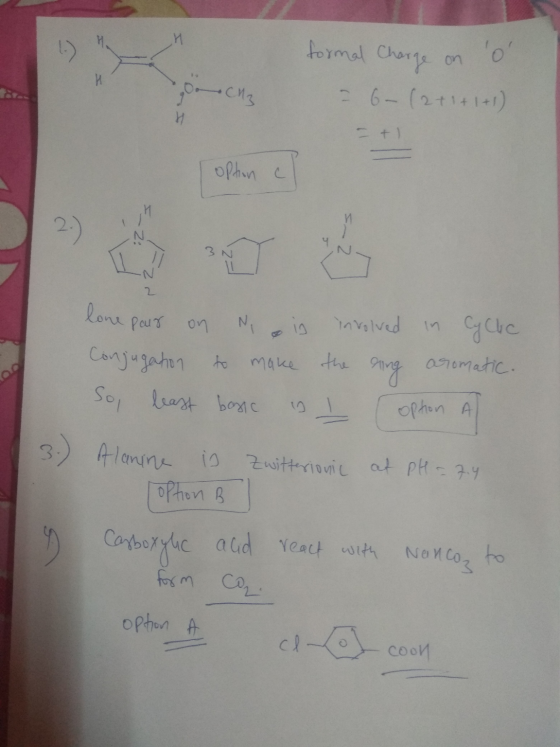 formal Charge on o - 6- (2+1+1+1) Do I + ) option c 3.) lone pour on N ais involved in Cyclic Conjugation to make the king