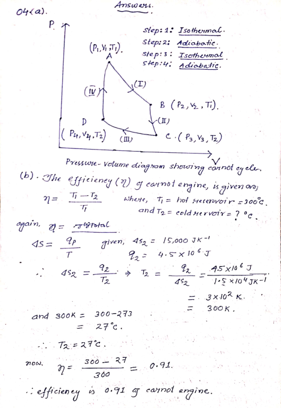 Answenu 04(a) P step: 1: Isothermal Step: 2: Adiabatie step: 3: Isatheumal sep:4: 4diabatic. (о.уз). (I) D |( Pt, Vy.T) C(P,3
